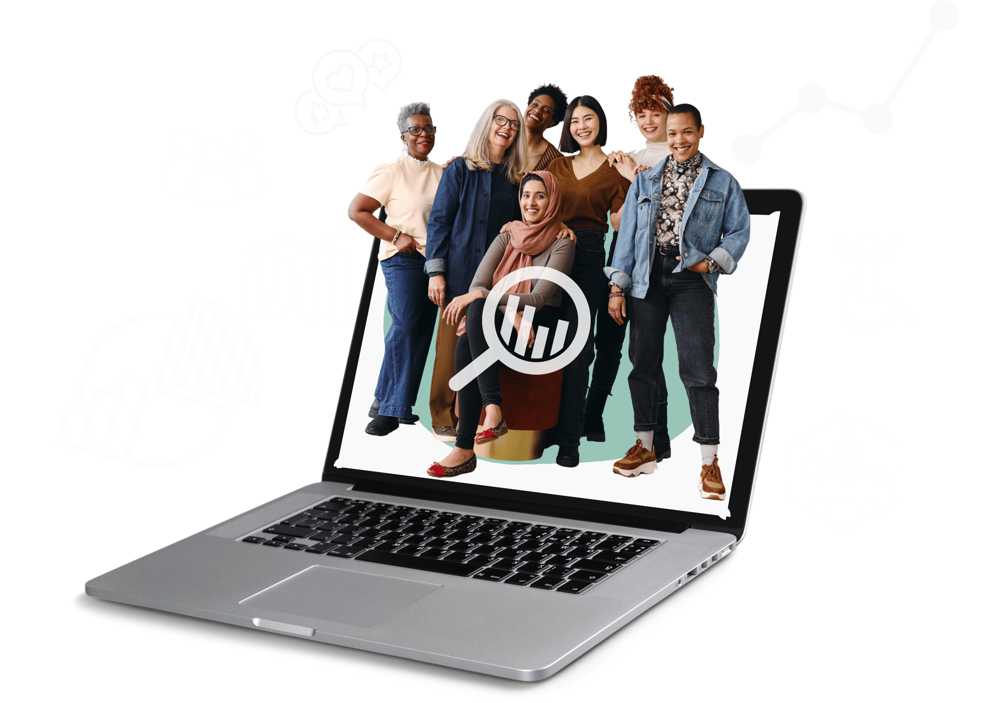 Diverse people popping out of a laptop