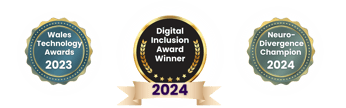 ThinkEDI award badges for Wales Technology Awards 2023, Neuro-divergence Champion and Digital Inclusion Award Winner 2024